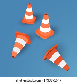 Set of four traffic cones on blue background - vector illustration