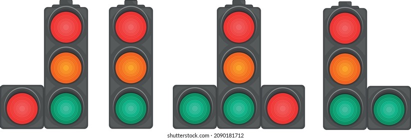 A set of four traffic lights with different arrangement of sections. Traffic light. An illustration depicting a traffic light with round red, yellow and green lights. A device for regulating traffic