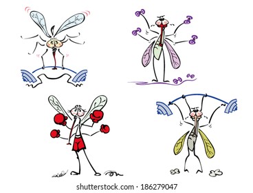 Set of four training mosquitoes, flying mosquito lifting weights, boxing mosquito with red gloves, mosquito practicing with dumbbells and sweating mosquito with hard weights. All in separate layers