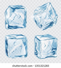 Set of four transparent  blue vector ice cubes