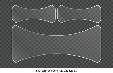Un conjunto de cuatro Elementos de interfaz de vidrio transparente con bordes curvos, perfectos para un Sitio web moderno o un diseño App, que ofrecen una interfaz de usuario limpia y minimalista.
