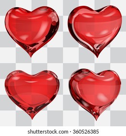 Set of four transparent hearts in red colors