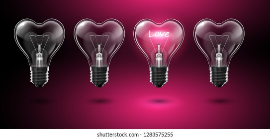 A set of four transparent heart-shaped bulbs, in one of which the word Love glows in place of a tungsten filament. Highly realistic illustration.