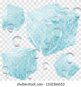 Set of four transparent ice cubes in blue colors. Many bubbles