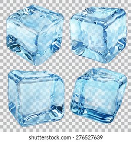 Set of four transparent ice cubes in blue colors