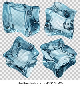 Set of four transparent ice cubes in light blue colors. Transparency only in vector file