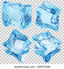 Set of four transparent ice cubes in light blue colors. Transparency only in vector file