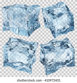Set of four transparent ice cubes in light blue colors. Transparency only in vector file