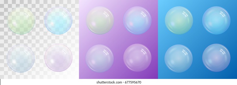 Set of four transparent matte soap bubbles isolated on a checkered background. And as an example on a purple and blue background. Vector illustration