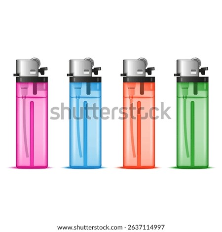 Set of four transparent plastic lighters front view in pink, blue, orange, and green colors with metallic tops arranged in a row isolated on white background, realistic 3d vector illustration.