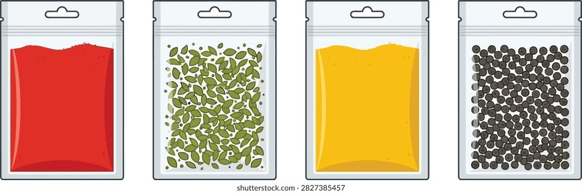 A set of four transparent plastic pouches containing various colorful spices and seeds, displayed in a flat vector illustration style.