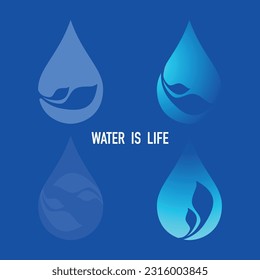 Set of four transparent water drops with different leaves silhouettes isolated on blue background