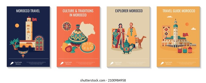 Set of four travel morocco guide posters in flat style with country sights cuisine people carpets pottery camel isolated vector illustration