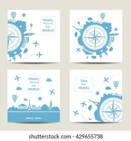 Set of four travel square card templates. Famouse places. Travel around the world vector illustration. Flat icon modern design style