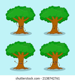 Set of four tree characters with cheerful expressions