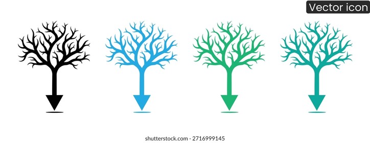 Conjunto de cuatro iconos de árbol en diferentes colores con flechas apuntando hacia abajo