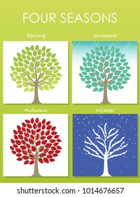 A set of four tree illustrations in four seasons, spring, summer, autumn, and winter. Vector illustration. 