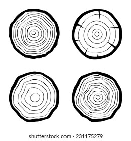 set of four tree rings icons. concept of saw cut tree trunk, forestry and sawmill. isolated on white background. logo design trendy modern vector illustration