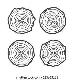 set of four tree rings icons. concept of saw cut tree trunk, forestry and sawmill