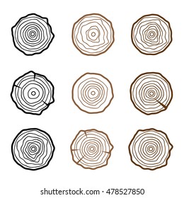 Set of four tree rings icons. concept of saw cut tree trunk