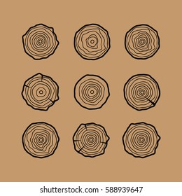 Set of four tree rings icons. Concept of saw cut tree trunk. Tree rings vector