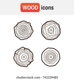 Set of four tree rings icons. concept of saw cut tree trunk