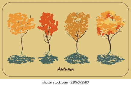 Set Of Four Trees In Autumn Season With Orange, Gold And Red Leaves, Minimalistic Understated Illustration Isolated Vector Small Trees With Shadow On Yellow Background.