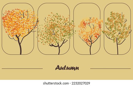 A set of four trees in the autumn season with orange, green, gold and red small leaves. Illustration of an isolated vector small tree in a frame on a yellow background.