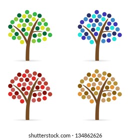 Set of four trees with circle leafs and shadows