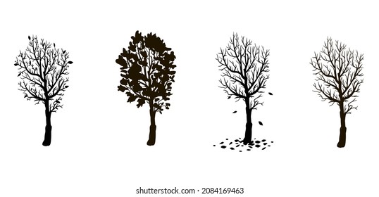 A set of four trees in a doodle style, showing the four seasons. Stock vector illustration isolated on a white background.