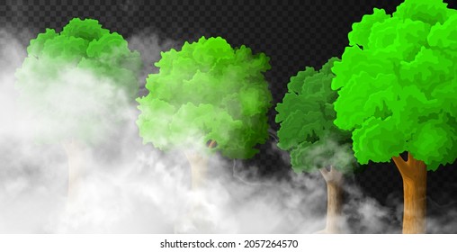 Set of four trees inside dense fog clouds isolated on the dark transparent background. Realistic Avalanche-like smoke at forest vector illustration.