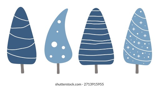 Conjunto de cuatro árboles aislados sobre fondo blanco. Para ilustraciones de invierno. Decoración para postales, carteles, tarjetas de visita e invitaciones. Ilustración vectorial plana. Вárbol azul con tronco gris.