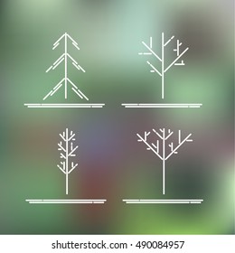Set of four trees on abstract background. Tree outline icon. Minimalist silhouette trees.