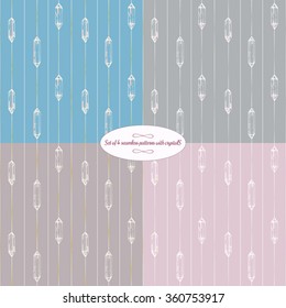 Set of four trendy hipstere background with geometric gems. Gem stones seamless patterns. Seamless crystal gems patterns. Elegant linear style vector ornaments. Seamless vector patterns with crystals