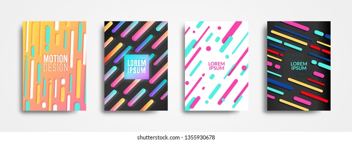 Set of four trendy memphis style covers with dynamic design. Cool Colorful gradient backgrounds, applicable for Covers, Posters, and Banner Designs