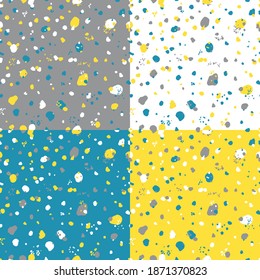 Set of four trendy terrazzo seamless pattern in colors of 2021 year. Creative hand drawn vector illustration for backdrop, textile print, flooring. 