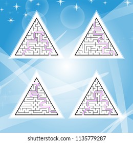 A set of four triangular labyrinths with a black stroke. A game for children. A simple flat vector illustration isolated on a colored background. With the answer