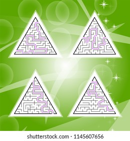 A set of four triangular labyrinths with a black stroke. A game for children. A simple flat vector illustration isolated on a colored background. With the answer