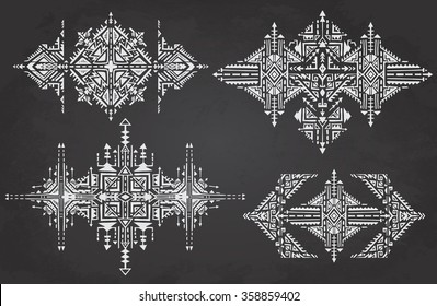 Set of four tribal art boho hand drawn geometric patterns on grunge background. Ethnic print  in black and white. Fabric, cloth design, wallpaper, wrapping.