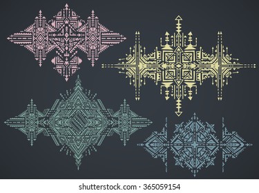 Set of four Tribal art boho hand drawn geometric pattern. Colorful ethnic print. Fabric, cloth design, wallpaper, wrapping