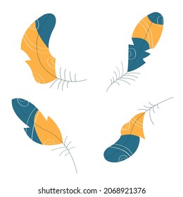 A set of four tribal feathers. Isolated on white. Clip art. Vector illustration.