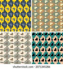A set of four tri-color geometric seamless patterns.
 Vector illustration for print, fabric, cover, packaging, interior decor, blog decoration and other your projects.
