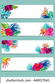 set of four tropical vector banner templates. vector botanical templates for ads, invitations, valentine cards, price tags. aloha style. 