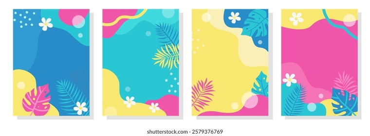 A set of four tropical-themed templates with bright colors, abstract shapes, palm leaves, and white flowers. Perfect for summer designs, social media posts, invitations, greeting cards.