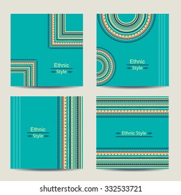 Set of four turquoise square cards with ethnic design. Stylish geometric colorful backgrounds. Templates for invitations, postcards with ornaments. Vector illustration.