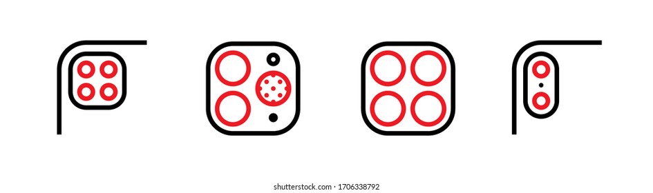 Set of Four, Two Cameras and Scanner, Four, Dual Phone Multi-Cameras icons. Editable line vector. Element photo lenses, zoom, vario, macro, closeup module and modern smartphone. Group pictogram.