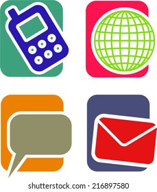 A set of four, two color icons on the theme of communication and media.