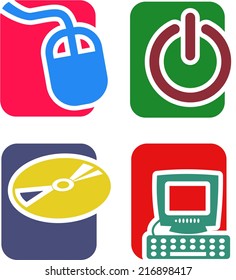 A set of four, two color icons on the theme of computers and technology
