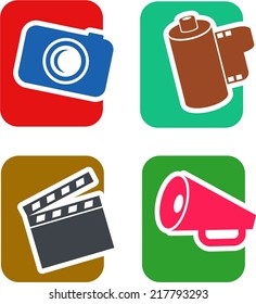 A set of four, two color icons on the theme of film and media objects.