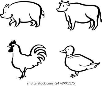 A set of four types of meat - livestock.